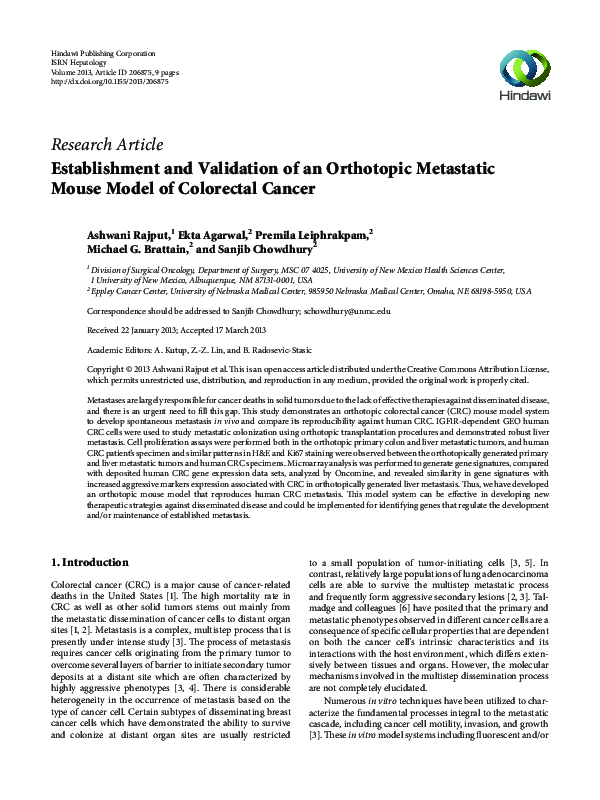 (PDF) Establishment and Validation of an Orthotopic Metastatic Mouse ...