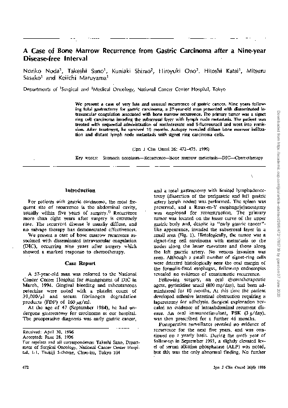 (PDF) A Case of Bone Marrow Recurrence from Gastric Carcinoma after a ...