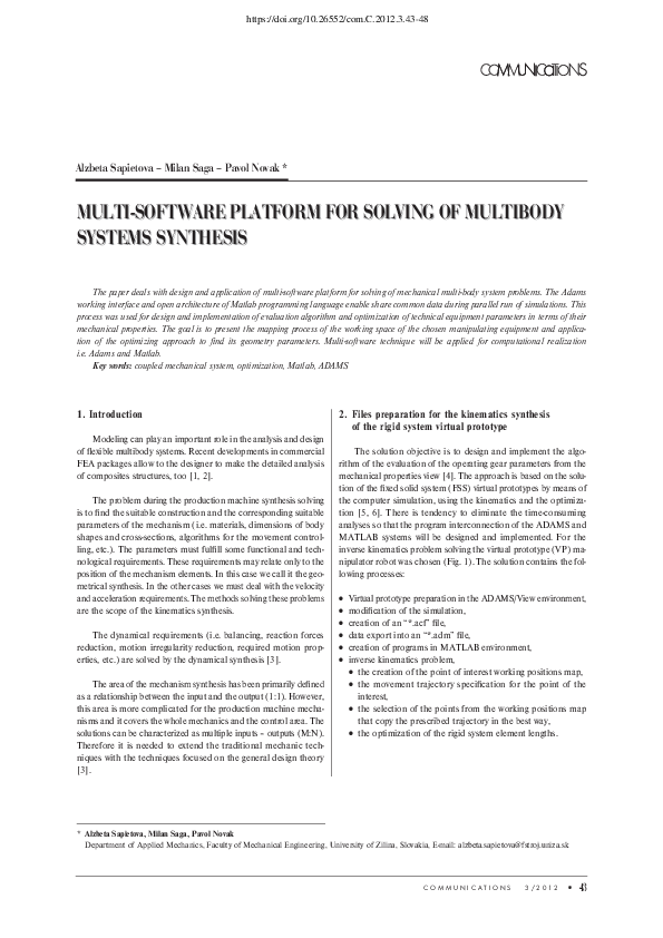 (PDF) Multi-Software Platform for Solving of Multibody Systems Synthesis