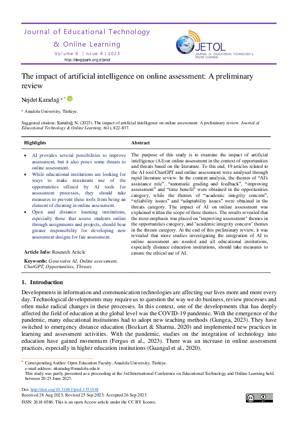 (PDF) The impact of artificial intelligence on online assessment: A ...