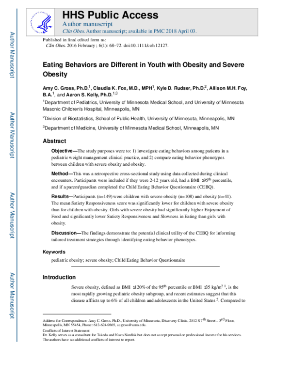 (PDF) Eating behaviours are different in youth with obesity and severe ...