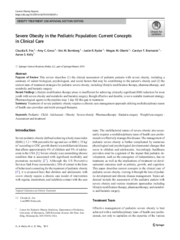 (PDF) Severe Obesity in the Pediatric Population: Current Concepts in ...