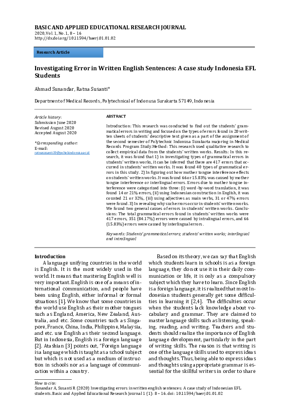 (PDF) Investigating Error in Written English Sentences: A case study ...