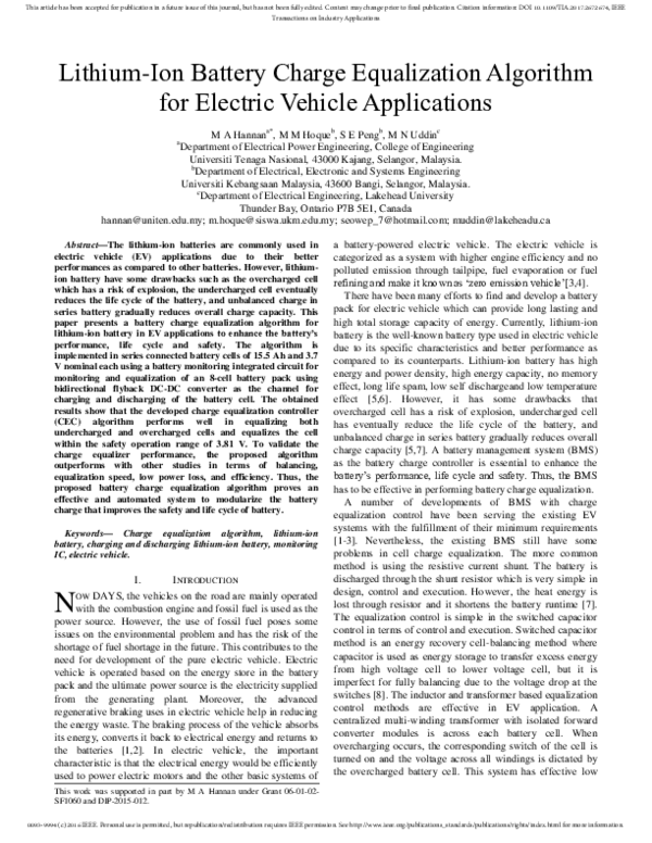 (PDF) Lithium-Ion Battery Charge Equalization Algorithm for Electric ...