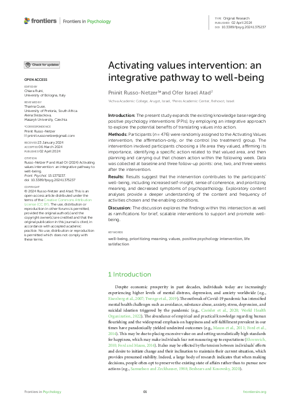 (PDF) Activating values intervention: an integrative pathway to well-being