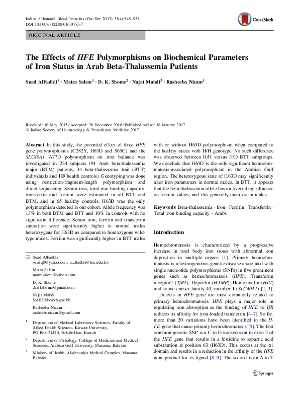(PDF) The Effects of HFE Polymorphisms on Biochemical Parameters of ...