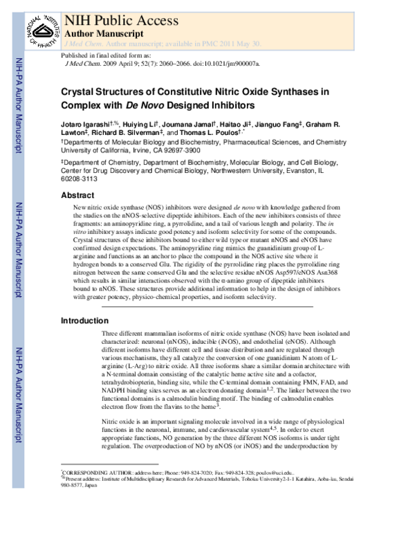 (PDF) Crystal Structures of Constitutive Nitric Oxide Synthases in ...