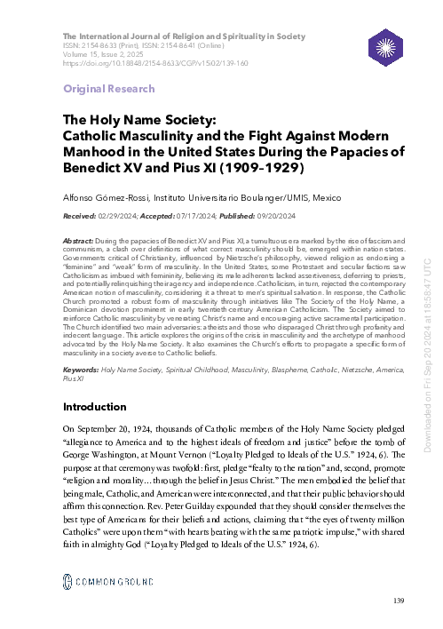 (PDF) The Holy Name Society: Catholic Masculinity and the Fight Against ...
