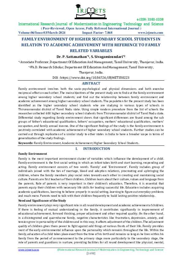(PDF) Family Environment of Higher Secondary School Students in ...