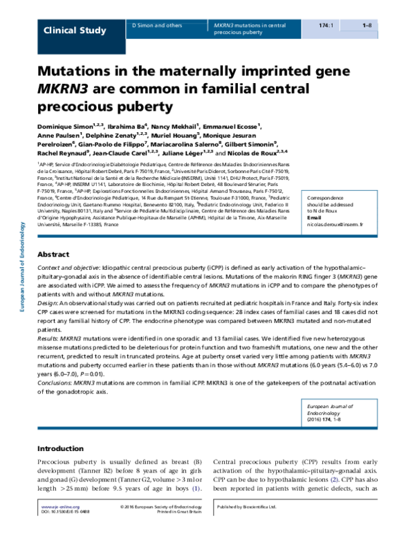 (PDF) Mutations in the Maternally Imprinted Gene MKRN3 Are Common in ...