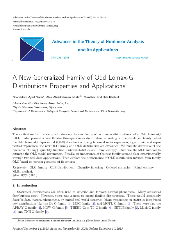 (PDF) A New Generalized Family of Odd Lomax-G Distributions Properties ...