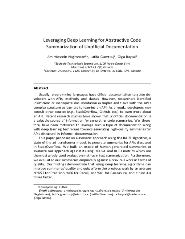 (PDF) Leveraging Deep Learning for Abstractive Code Summarization of ...