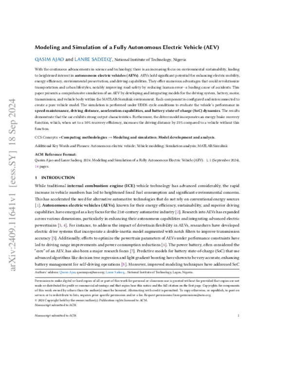 (PDF) Modeling and Simulation of a Fully Autonomous Electric Vehicle (AEV
