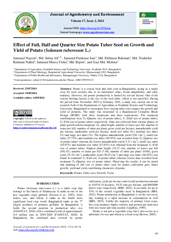 (PDF) Effect of Full, Half and Quarter Size Potato Tuber Seed on Growth ...