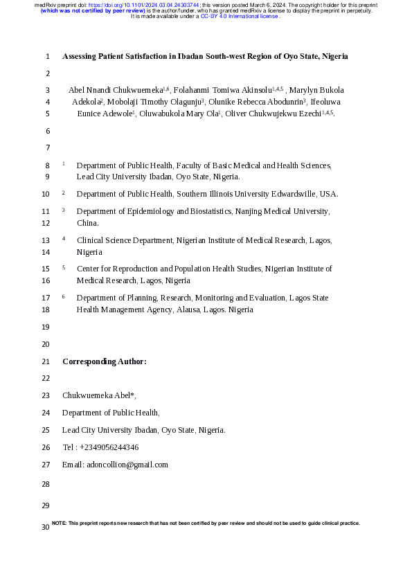 (PDF) Assessing Patient Satisfaction in Ibadan South-west Region of Oyo ...