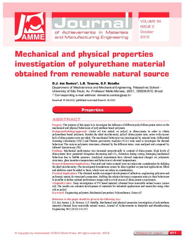 (PDF) Mechanical and physical properties investigation of polyurethane ...