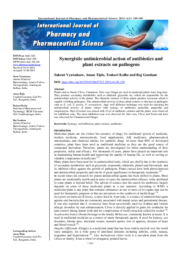 (PDF) Synergistic antimicrobial action of antibiotics and plant ...