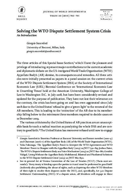 (PDF) Solving the WTO Dispute Settlement System Crisis