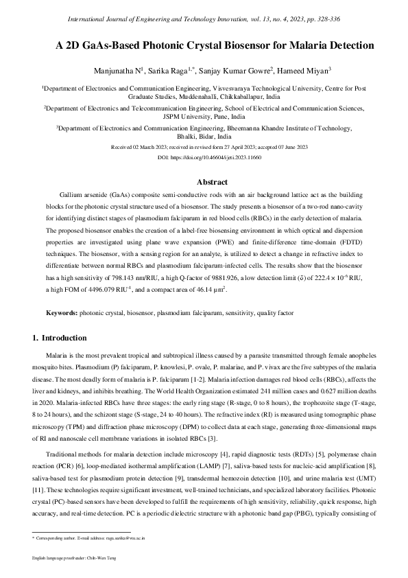 (PDF) A 2D GaAs-Based Photonic Crystal Biosensor for Malaria Detection