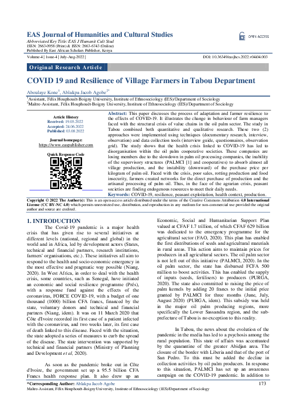 (PDF) COVID 19 and Resilience of Village Farmers in Tabou Department
