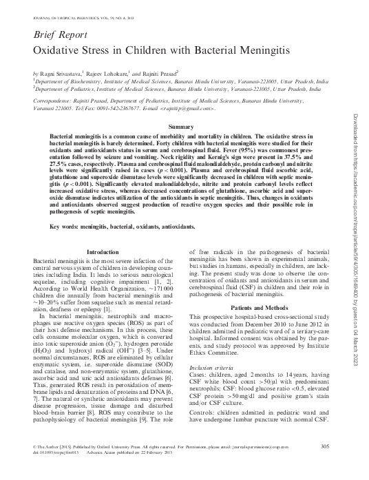 (PDF) Oxidative Stress in Children with Bacterial Meningitis