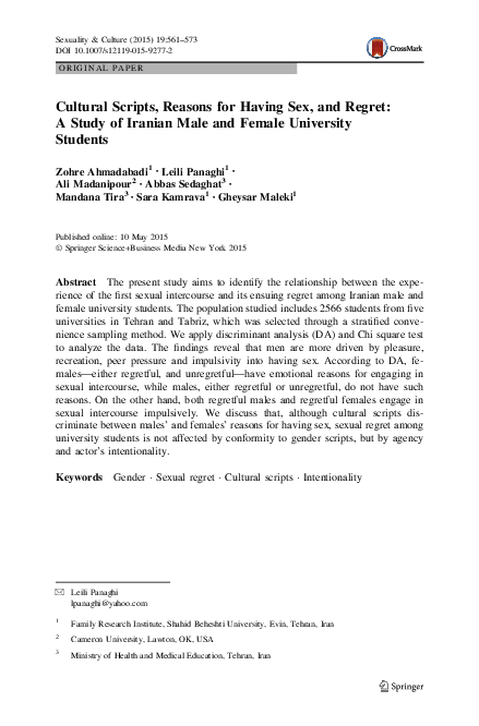 (PDF) Cultural Scripts, Reasons for Having Sex, and Regret: A Study of ...