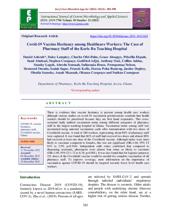 (PDF) Covid-19 Vaccine Hesitancy among Healthcare Workers: The Case of ...