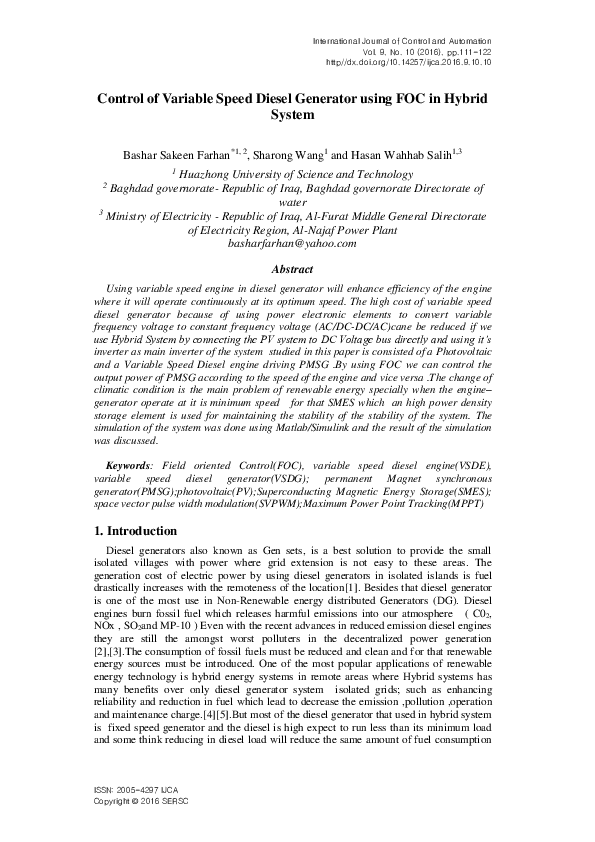 (PDF) Control of Variable Speed Diesel Generator using FOC in Hybrid System
