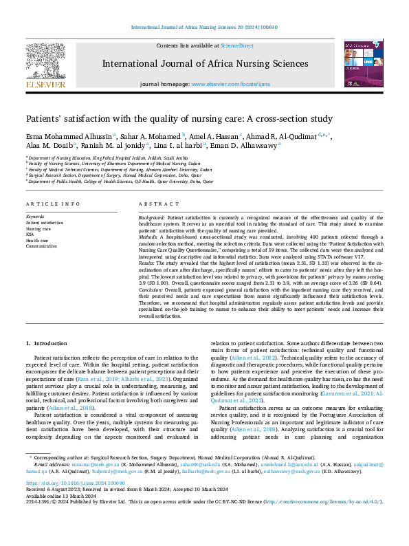 (PDF) Patients' satisfaction with the quality of nursing care: A cross ...