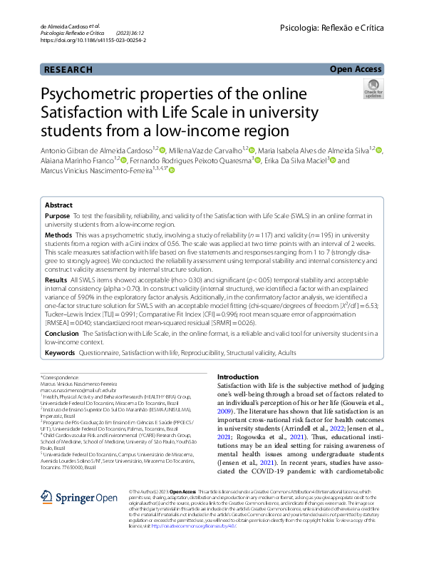 (PDF) Psychometric properties of the online Satisfaction with Life ...