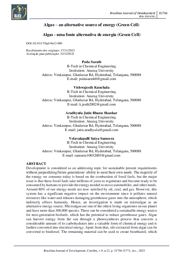 (PDF) Algae – an alternative source of energy (Green Cell)