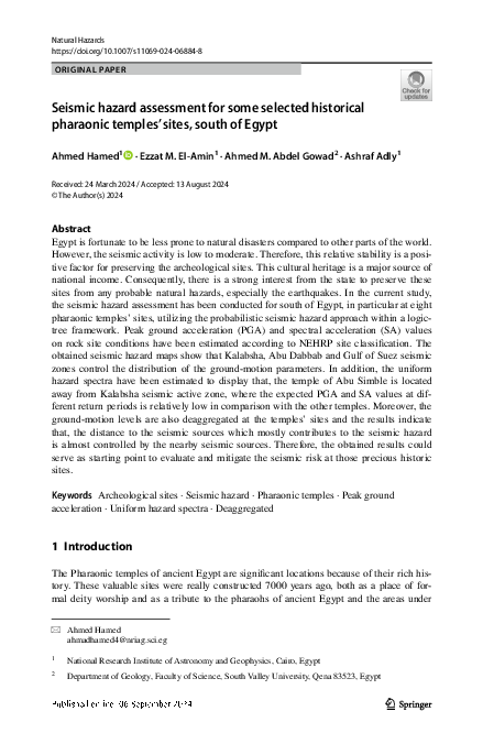 (PDF) Seismic hazard assessment for some selected historical pharaonic ...