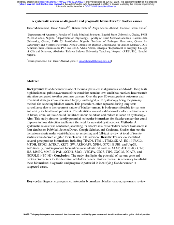 (PDF) A systematic review on diagnostic and prognostic biomarkers for ...