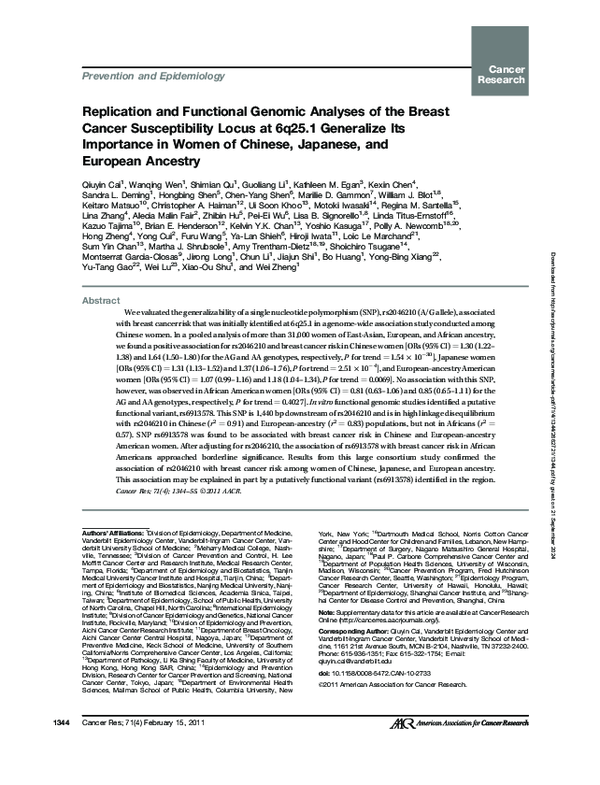 (PDF) Replication and Functional Genomic Analyses of the Breast Cancer ...