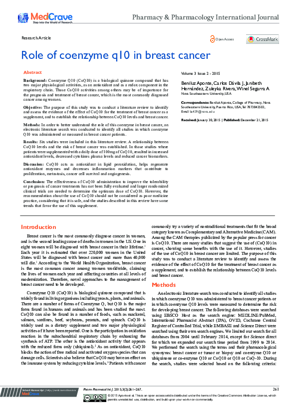 (PDF) Role of Coenzyme Q10 in Breast Cancer