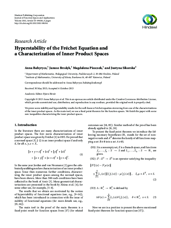 (PDF) Hyperstability of the Fréchet Equation and a Characterization of ...