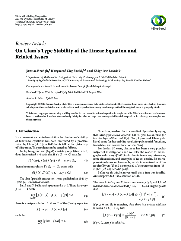 (PDF) On Ulam’s Type Stability of the Linear Equation and Related Issues