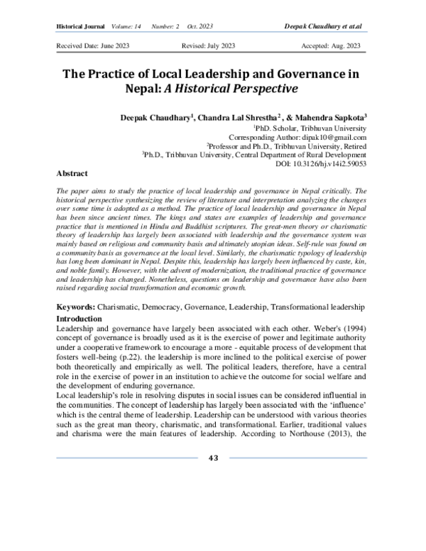 (PDF) The Practice of Local Leadership and Governance in Nepal: A ...