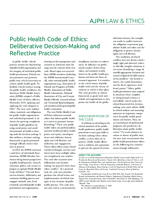 (PDF) Public Health Code of Ethics: Deliberative Decision-Making and ...