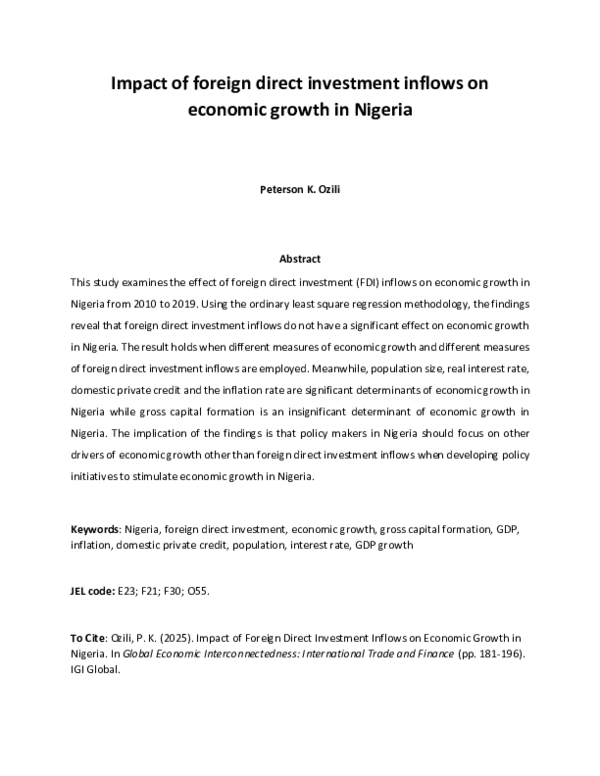 (PDF) Impact of foreign direct investment inflows on economic growth in ...