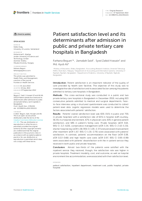(PDF) Patient satisfaction level and its determinants after admission ...