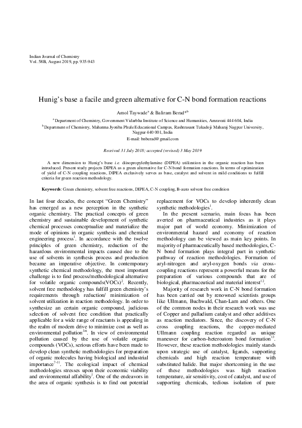 (PDF) Hunig’s base a facile and green alternative for C-N bond ...