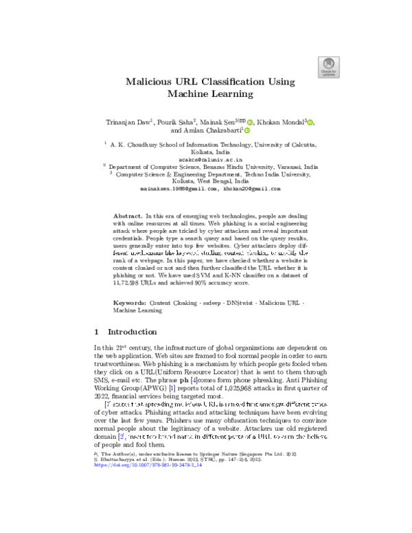 (PDF) Malicious URL Classification Using Machine Learning