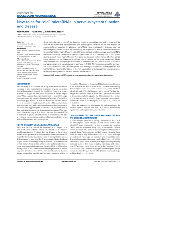 (PDF) New roles for “old” microRNAs in nervous system function and disease