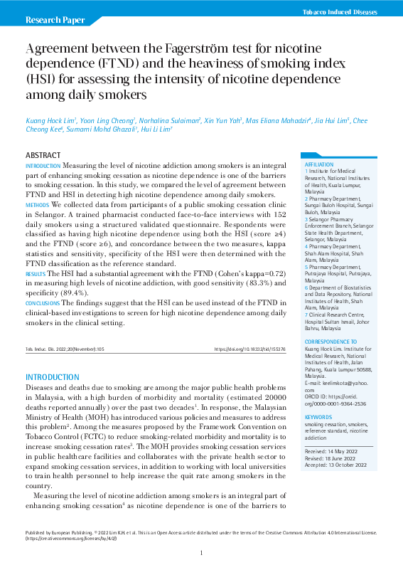 (PDF) Agreement between the Fagerström test for nicotine dependence ...