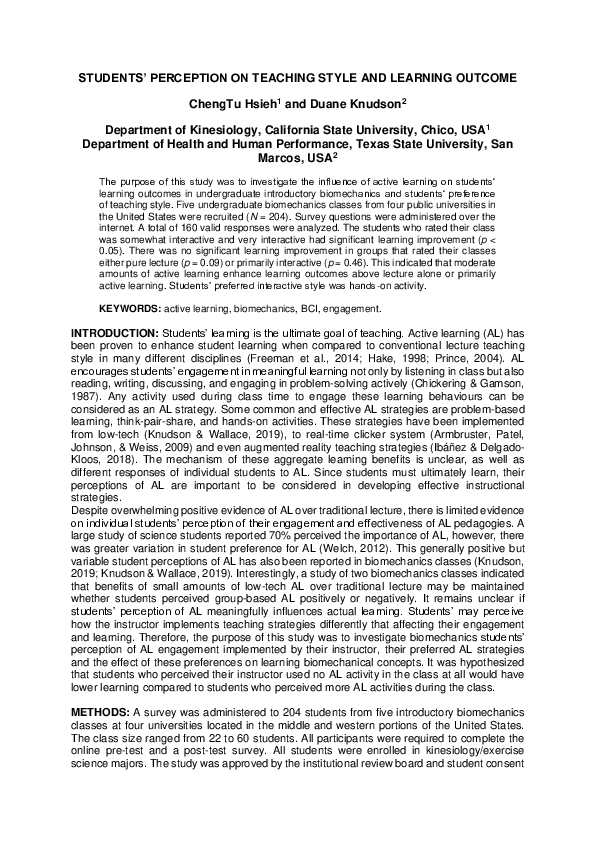 (PDF) Students’ Perception on Teaching Style and Learning Outcome