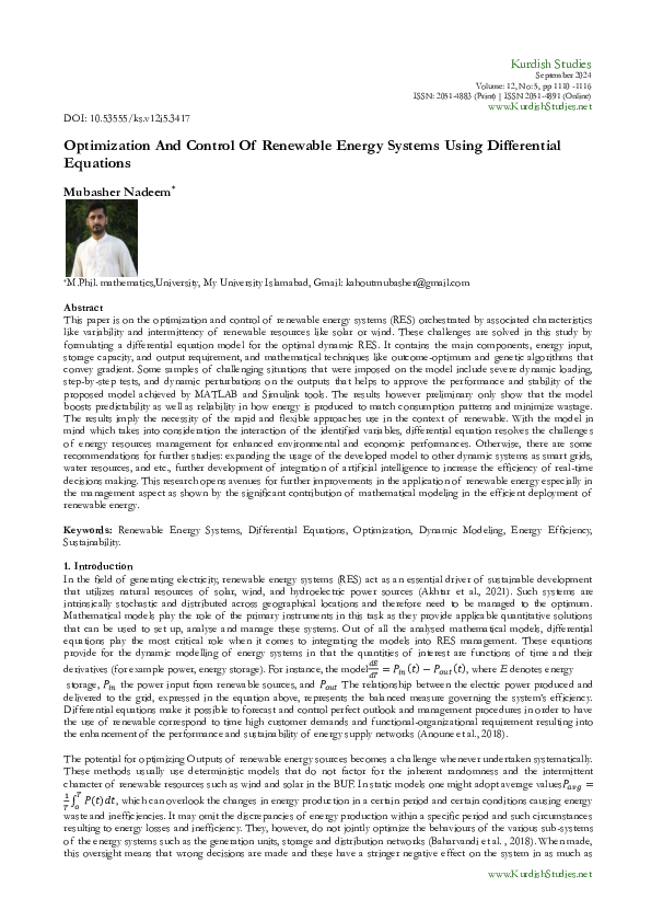 (PDF) Optimization And Control Of Renewable Energy Systems Using ...