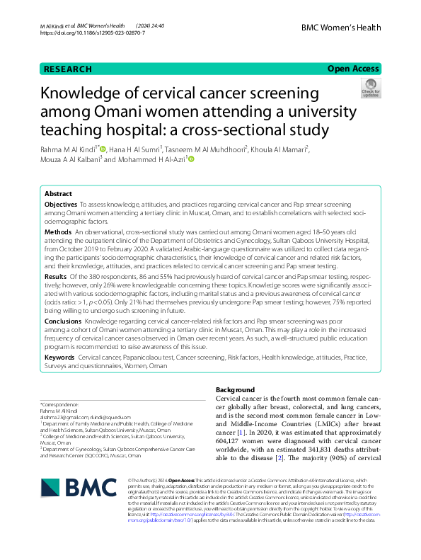 (PDF) Knowledge of cervical cancer screening among Omani women ...
