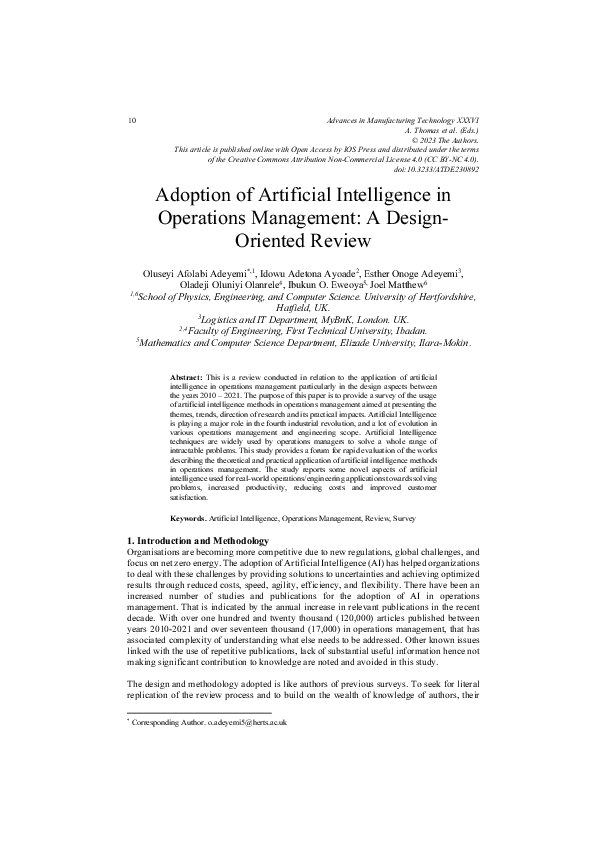 (PDF) Adoption of Artificial Intelligence in Operations Management: A ...
