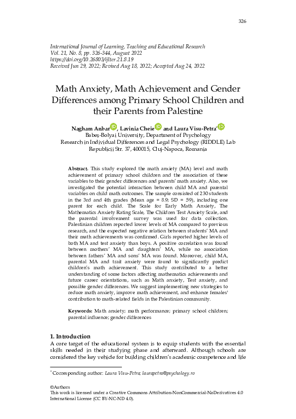 (PDF) Math Anxiety, Math Achievement and Gender Differences among ...